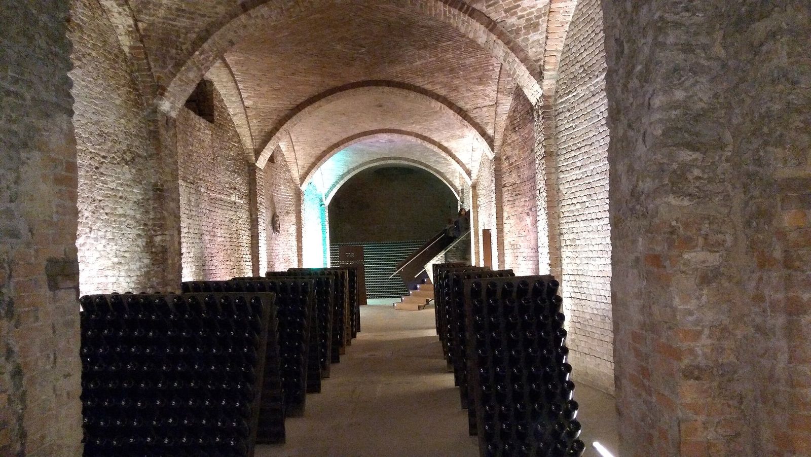 Una galleria con volte a crociera in mattoni sotto Canelli, con file di rastrelliere in legno piene di bottiglie di spumante